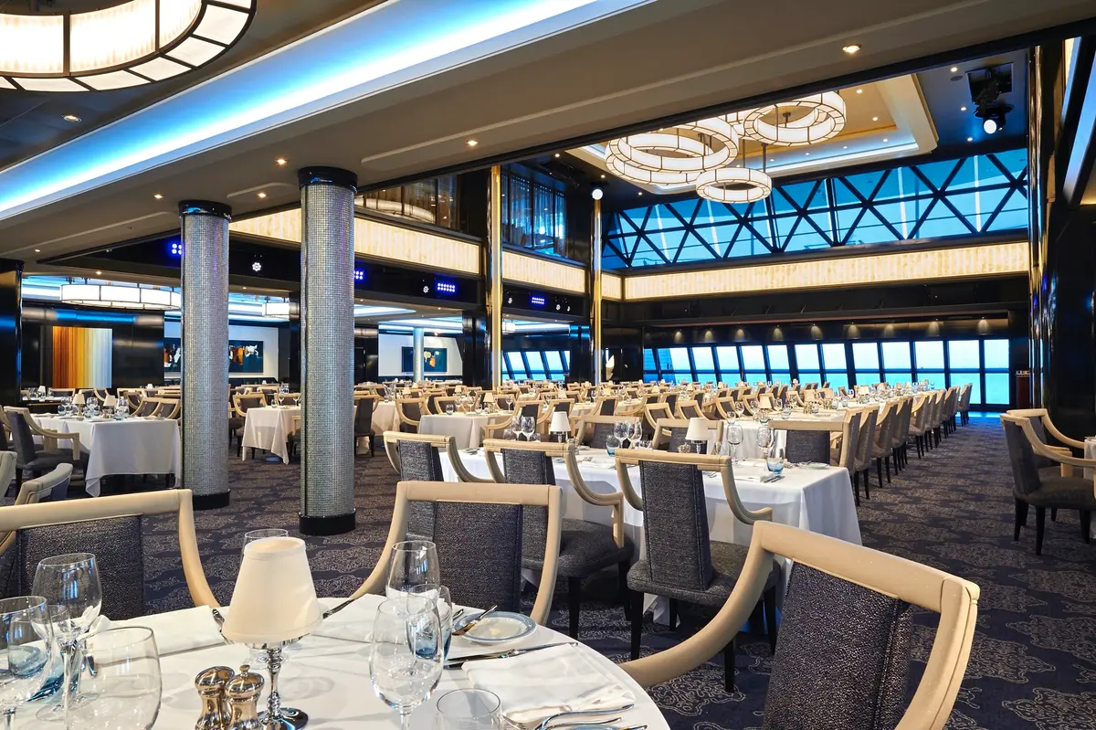 The Manhattan Room, tables set beneath a wall of windows