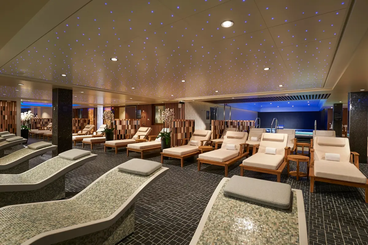 The thermal suite, heated stone loungers under a starlit ceiling
